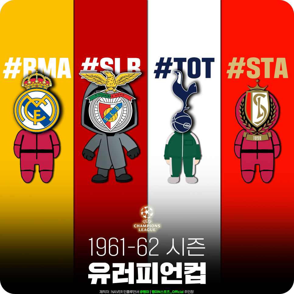 레알 마드리드·SL 벤피카·토트넘 홋스퍼·스탕다르 리에주의 문장을 머리에 단 네 인형과 1961-62 시즌 유러피언컵 문구