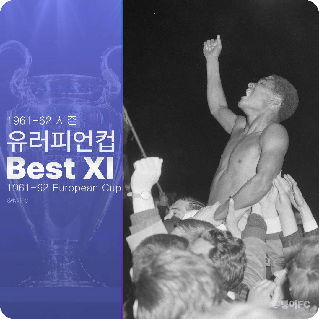 유러피언컵 트로피 배경의 1961-62 시즌 유러피언컵 Best XI 문구와, 결승 뒤 셔츠를 벗은 채 관중의 어깨 위에서 주먹을 들어 올린 벤피카 선수의 흑백 사진