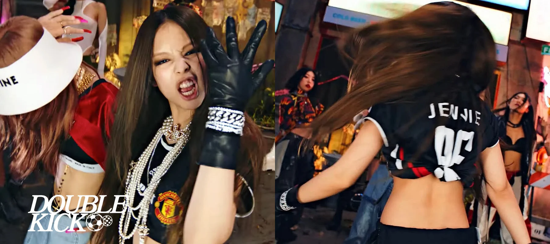 Pink Venom 뮤직비디오에서 맨체스터 유나이티드 팀가이스트 저지의 앞면과 JENNIE 96 마킹 뒷면을 보여주는 제니
