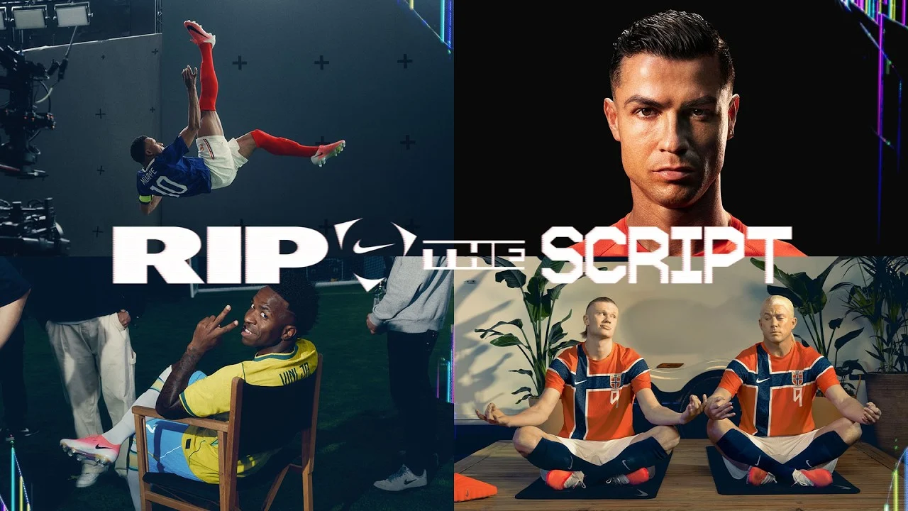 호날두와 음바페, 비니시우스, 홀란이 보이는 Nike Football Rip the Script 영상 포스터