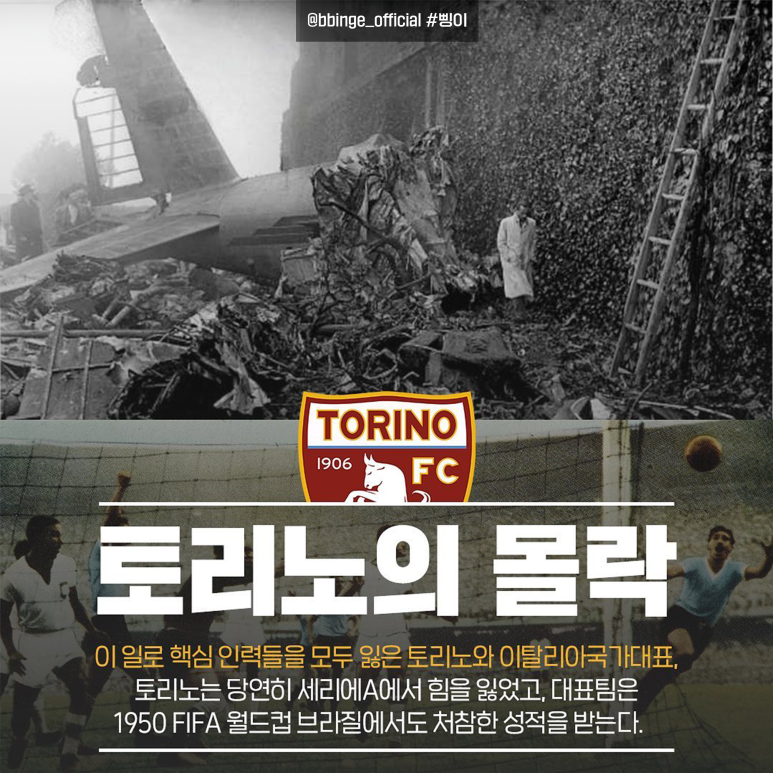 수페르가 항공기 잔해와 이탈리아 대표팀 경기 사진을 함께 배치하고 토리노의 몰락을 설명한 카드