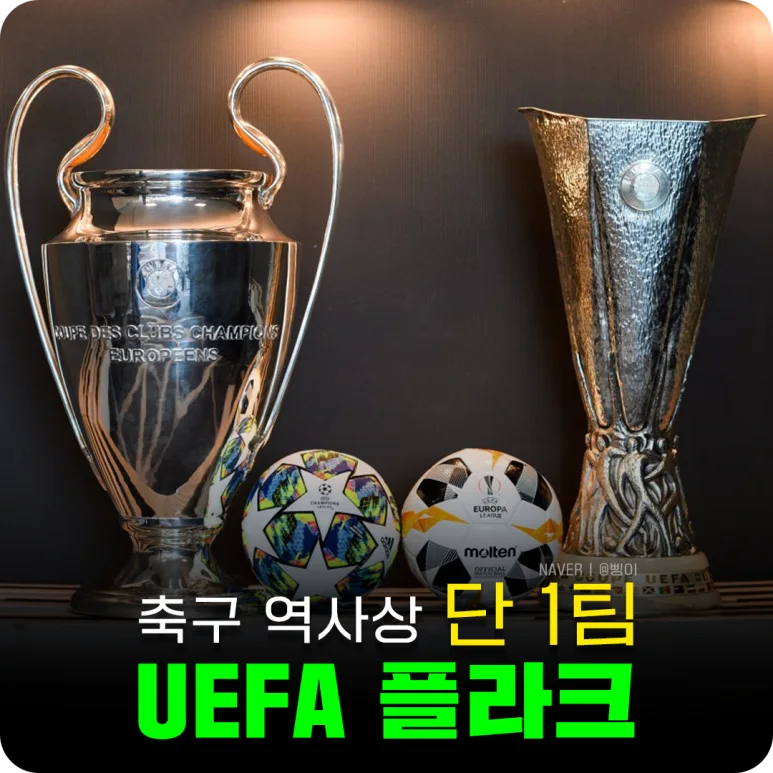 유러피언컵과 UEFA컵 트로피 앞에 축구 역사상 단 1팀 UEFA 플라크라고 적힌 원작 썸네일