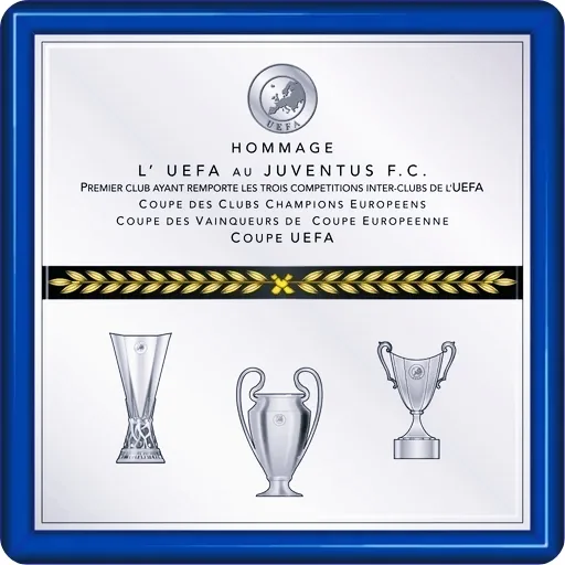 유벤투스에 수여된 UEFA 플라크의 프랑스어 문구와 세 트로피 도안