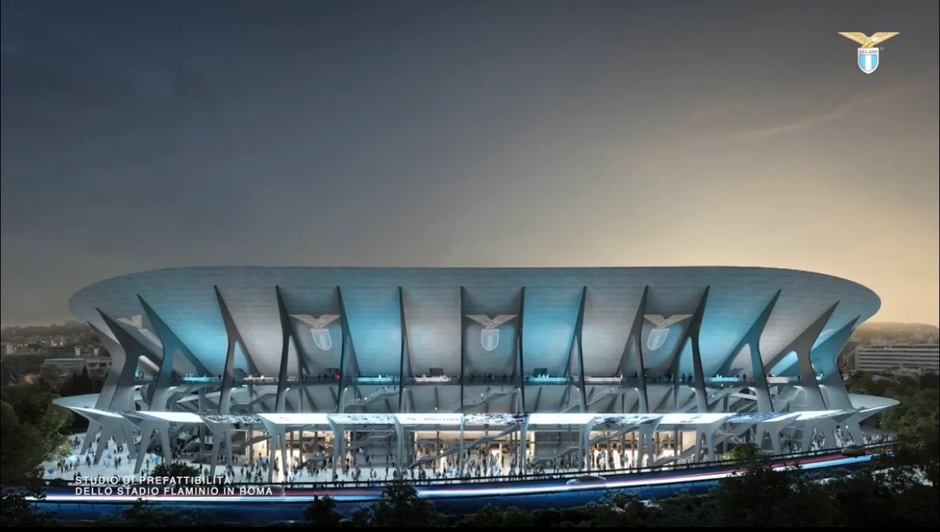 라치오가 2026년 공개한 Stadio Flaminio 재개발안의 야간 외관 렌더링