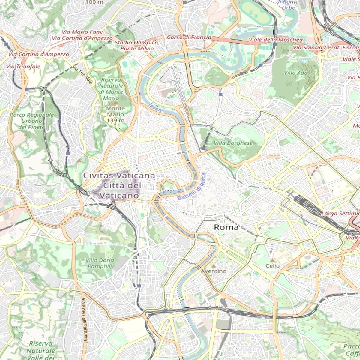 Testaccio에서 Piazza della Libertà와 Stadio Flaminio를 지나 Stadio Olimpico까지 실제 도로와 테베레강을 표시한 로마 OpenStreetMap 지도