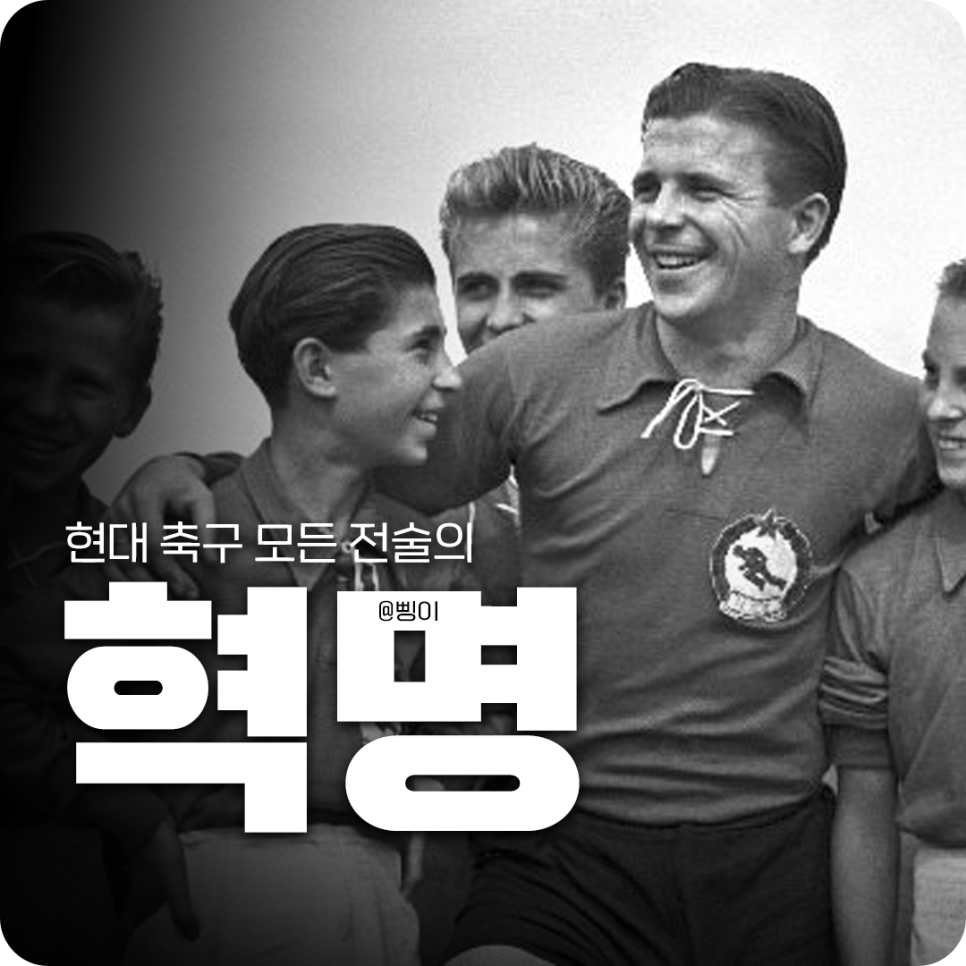 헝가리 대표팀 선수들과 함께 웃는 푸슈카시 페렌츠 위로 현대 축구 모든 전술의 혁명이라는 문구를 배치한 표지
